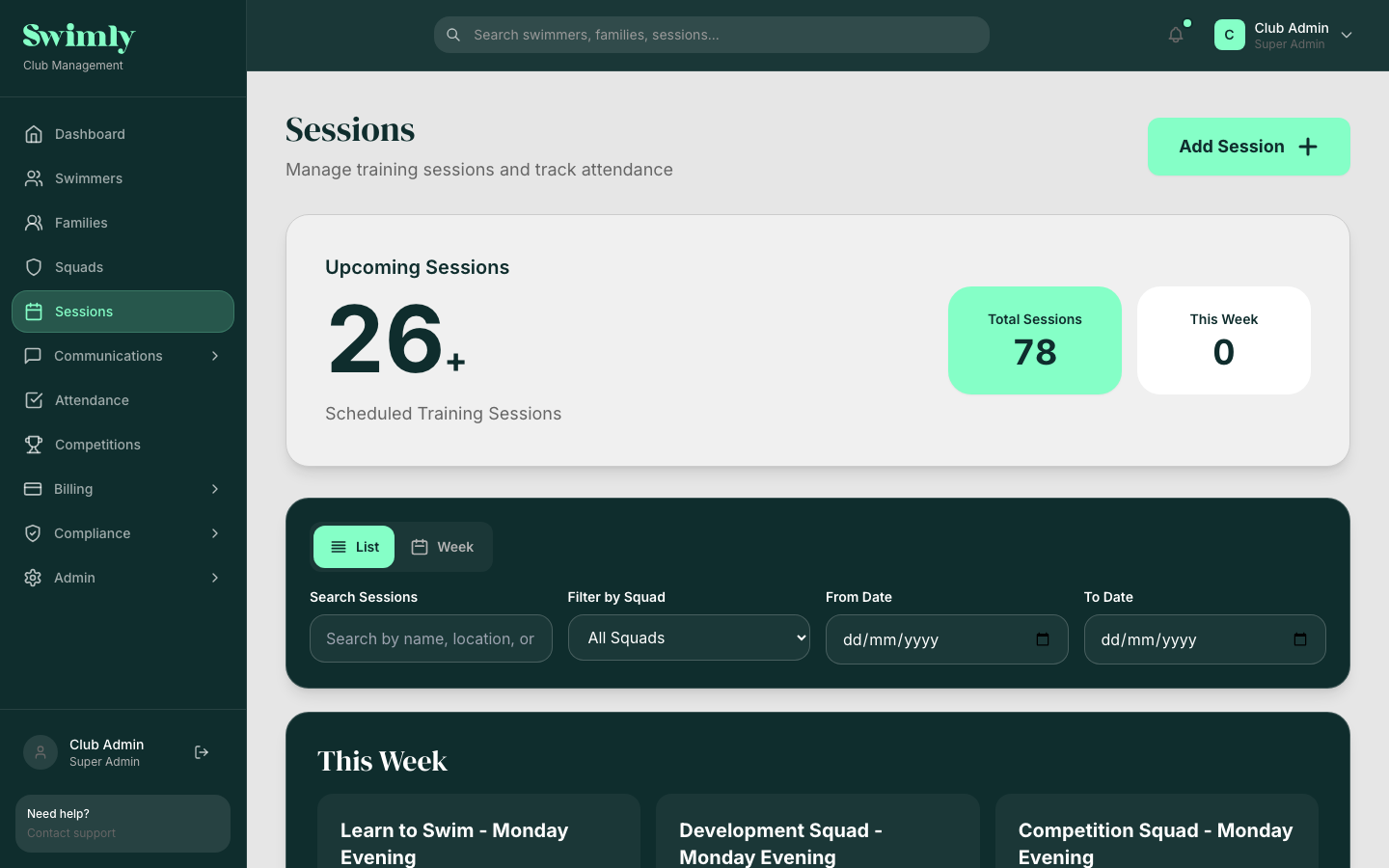 Swimly sessions page showing upcoming training sessions grouped by week, with squad filters and totals for the season